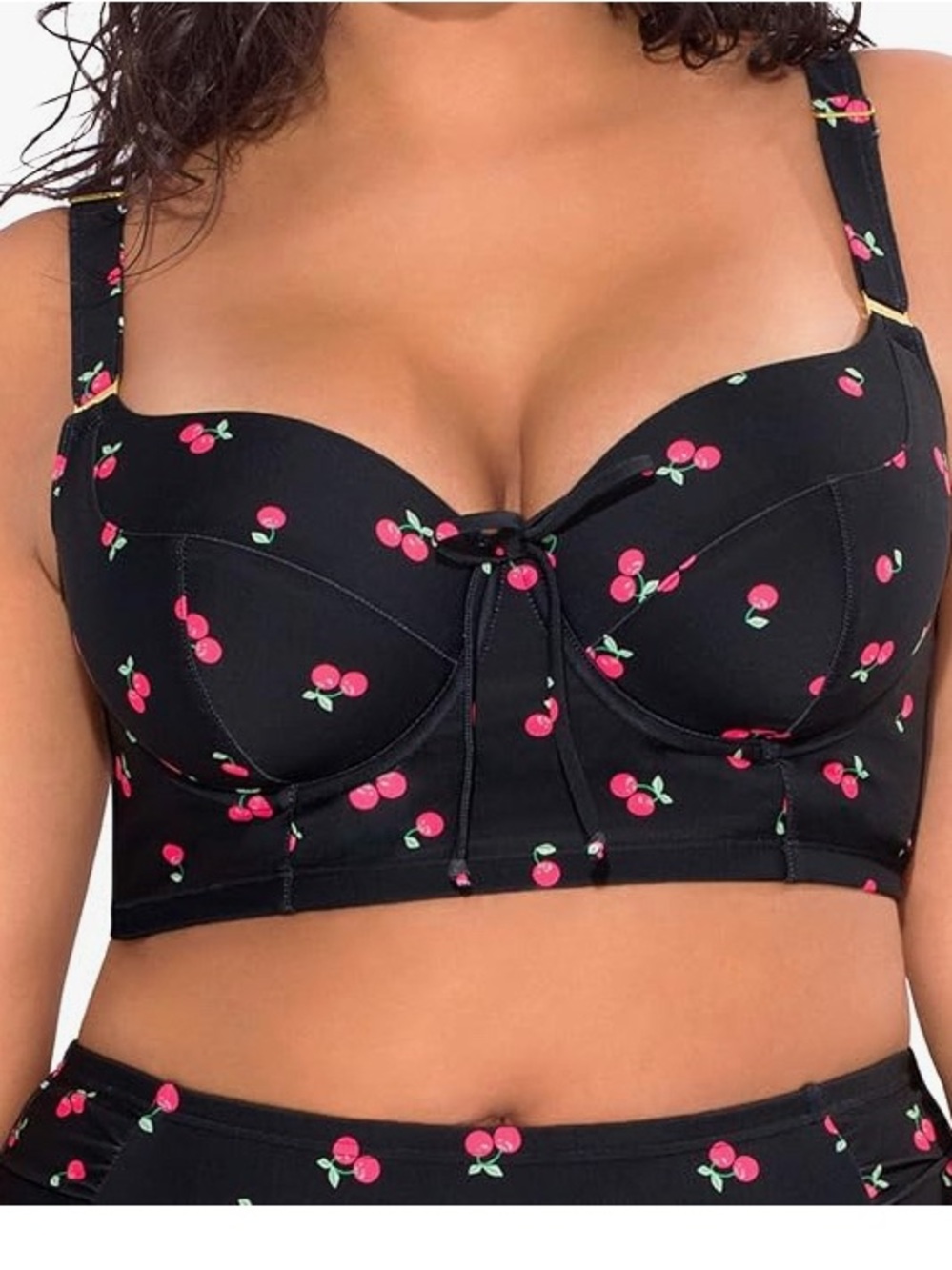 Smart & Sexy Black TOP BIKINI Cherry Print Longline Bra 34 DDD